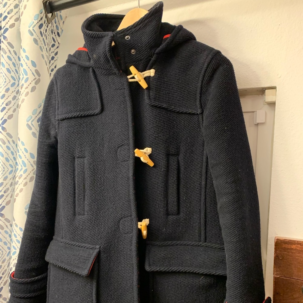 Topshop navy blue wool blend hooded coat toggle button uk size 10